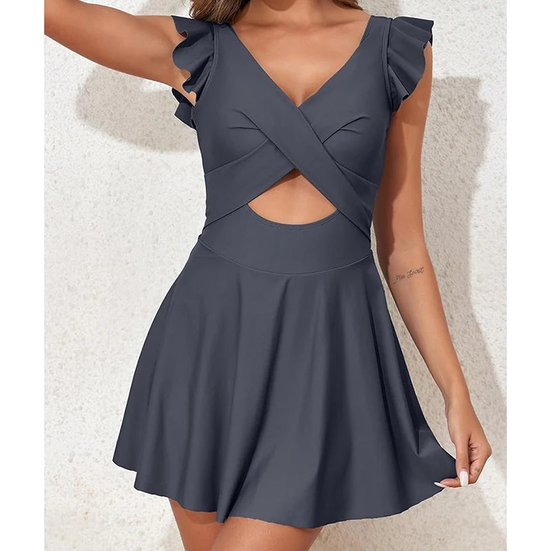 Casual Solid One Piece Swimsuit Women Sexy V Neck Cross Ruffles Bathing Suit Skirt 2025 New Summer Swimming Swim Suit Beachwear