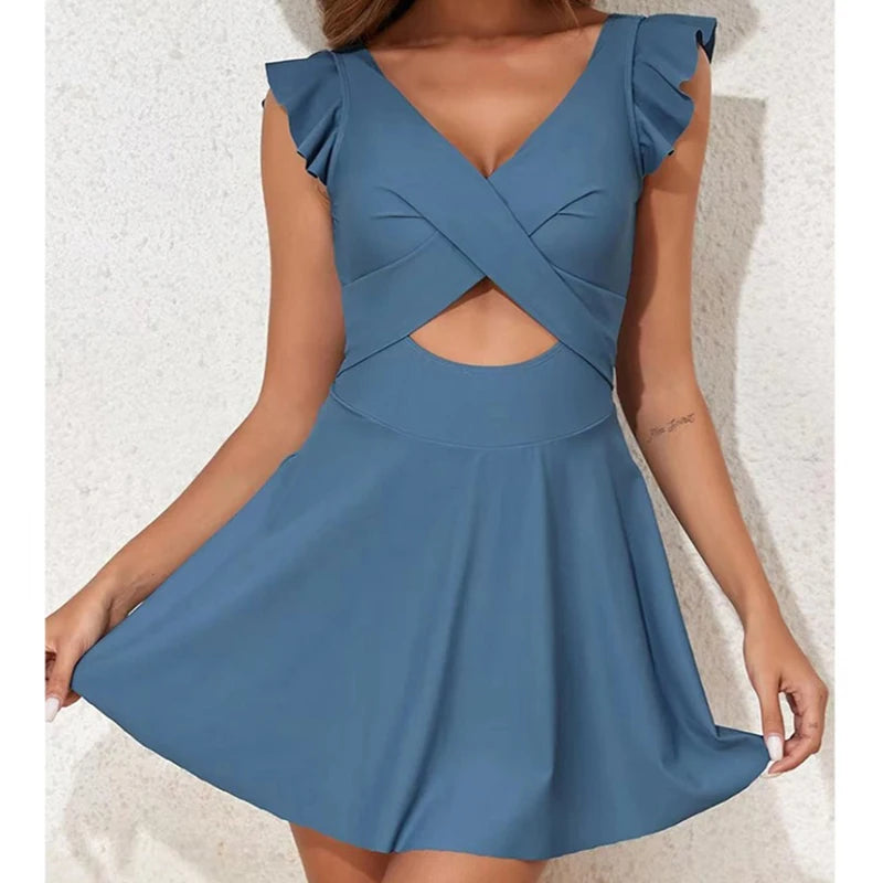 Casual Solid One Piece Swimsuit Women Sexy V Neck Cross Ruffles Bathing Suit Skirt 2025 New Summer Swimming Swim Suit Beachwear