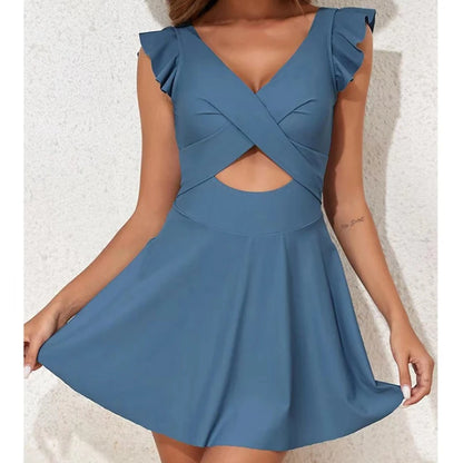 Casual Solid One Piece Swimsuit Women Sexy V Neck Cross Ruffles Bathing Suit Skirt 2025 New Summer Swimming Swim Suit Beachwear